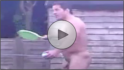 Naked rugby player in a garden
